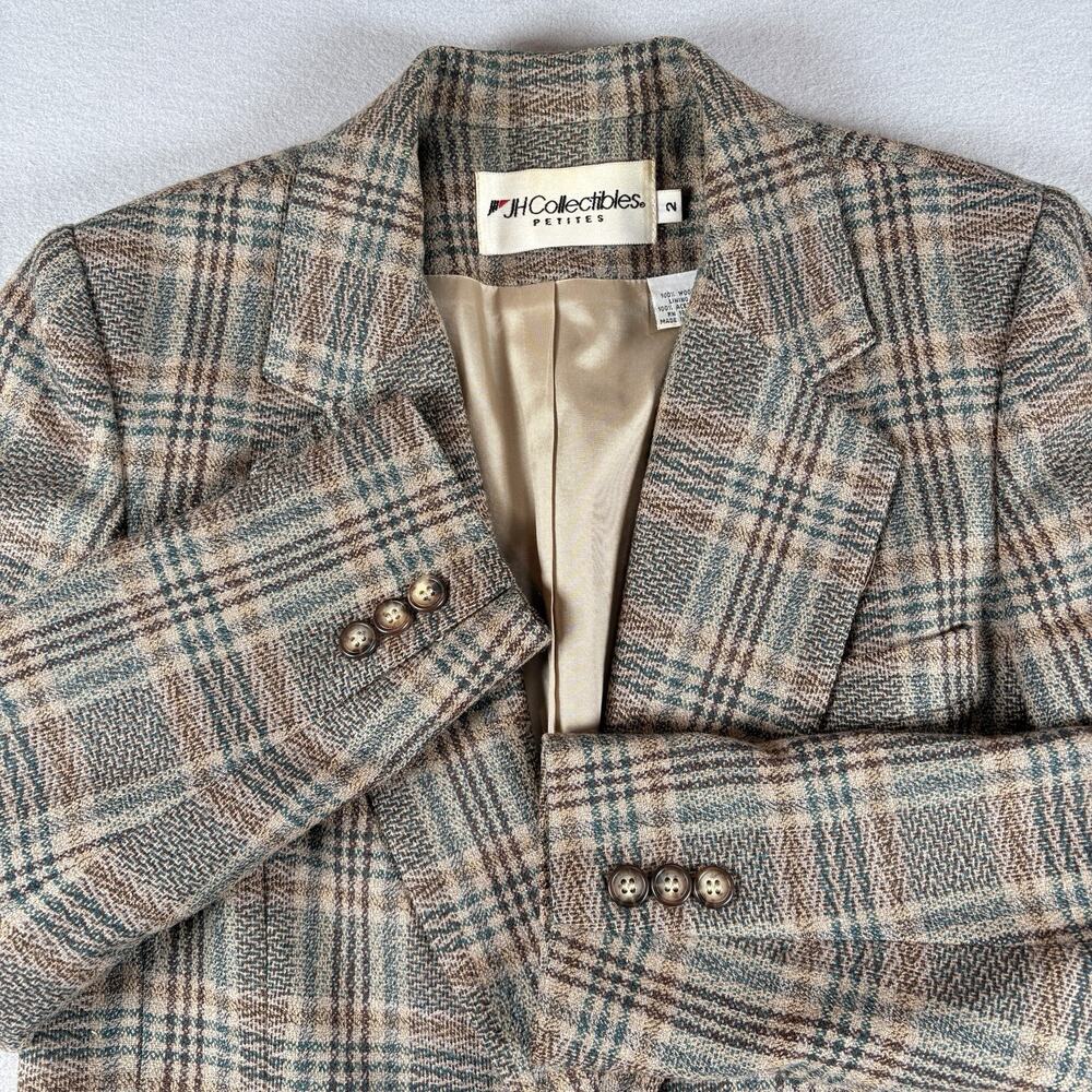 Vintage JH Collectibles Petite 2 Plaid Wool Blazer Made in USA 90s